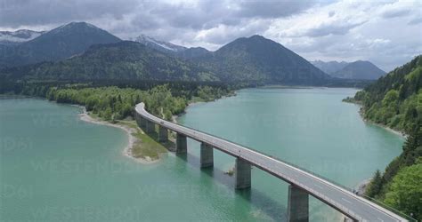 Bridge Over Mountain Lake Reservoir Sylvenstein Bavaria Germany