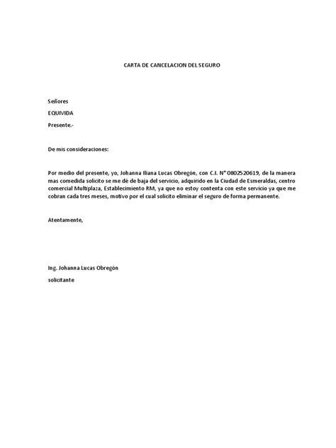 Carta De Cancelacion Del Seguro Pdf