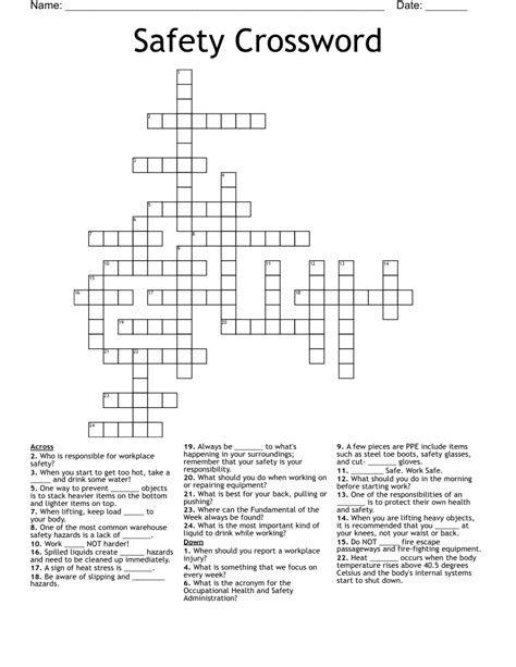 Occupational Health And Safety Crosswords Word Searches Bingo Cards