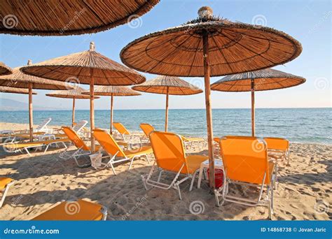 Greece Umbrellas And Sunbeds Stock Photo Image Of Aegean Umbrella