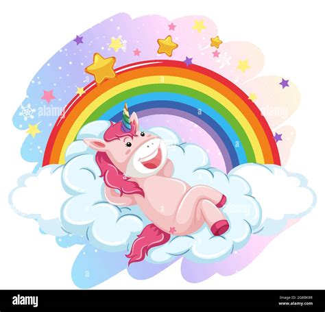 Cute Unicorn Laying On Cloud In The Pastel Sky With Rainbow