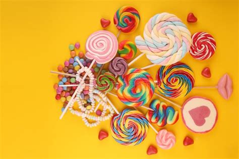 Lolly Candies With Sugar Colorful Array Of Childs Lollipops Sweets And