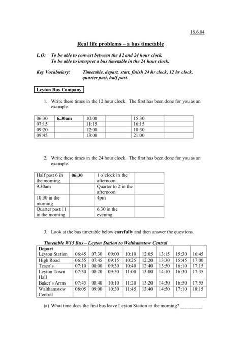 Reading A Bus Timetable Worksheet