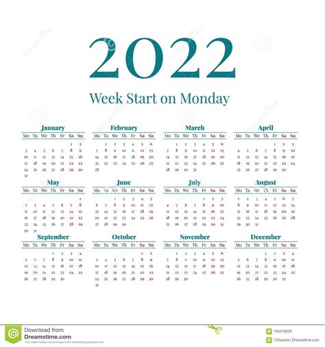 Simple 2022 Year Calendar Stock Vector Illustration Of