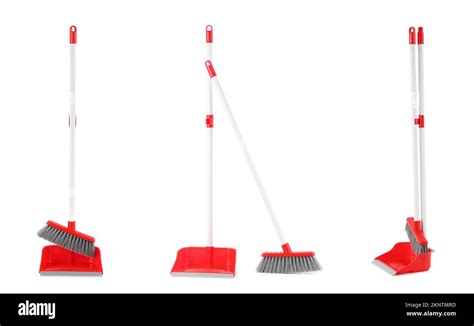 Set Of Dustpans With Brooms Isolated On White Stock Photo Alamy