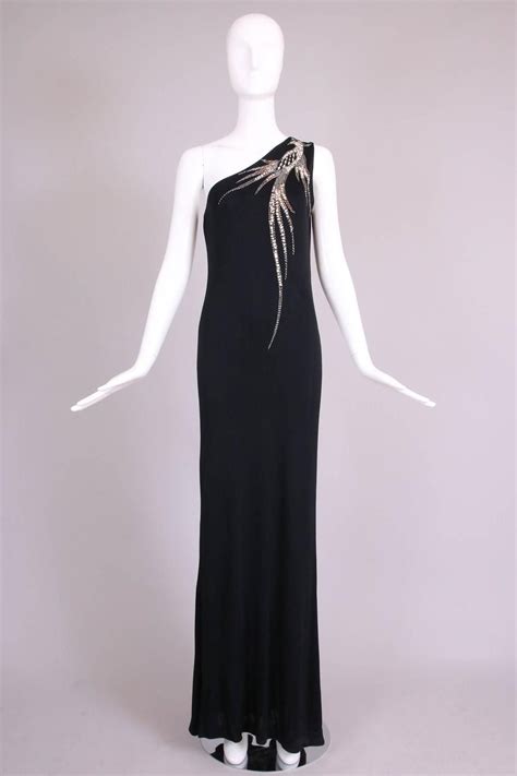 1970s Bob Mackie Black Silk Single Shoulder Evening Gown Wbeaded Firebird Black Gown Dress