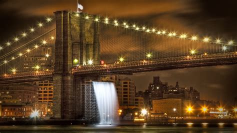 1366x768 Resolution New York Bridge Waterfall 1366x768 Resolution
