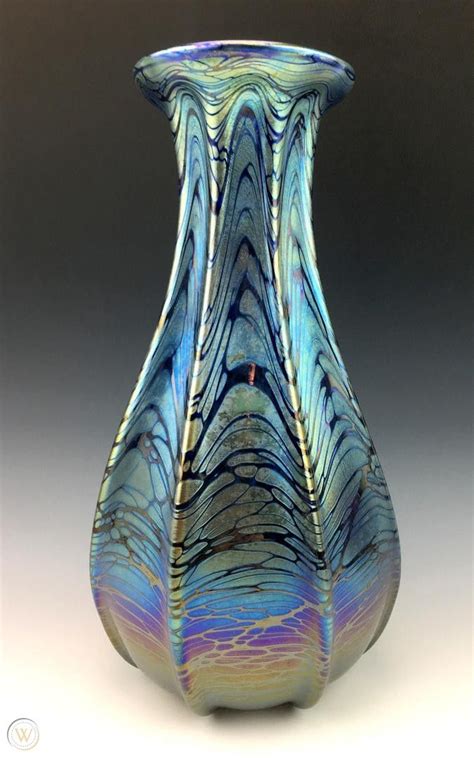 Large Bohemian Like Loetz Artisan Iridescent Blown Glass Art Nouveau Vase 12 1926567178