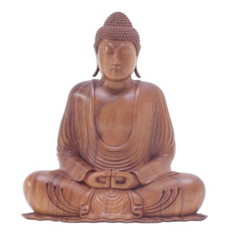 Hand Carved Suar Wood Buddha Sculpture With Mudra Gesture Dhyana