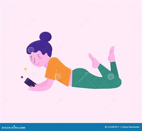 Illustration Of A Girl Lying Down With Smartphone Relaxing Stock