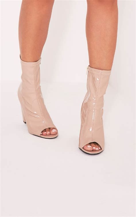Malina Nude Patent Peep Toe Heeled Ankle Boots Boots