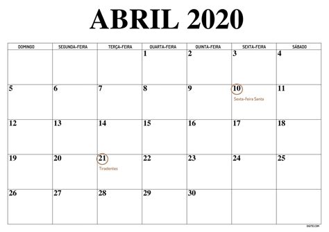 CalendÁrio Abril 2020 Com Feriados E Fases Da Lua Para Imprimir Digitei