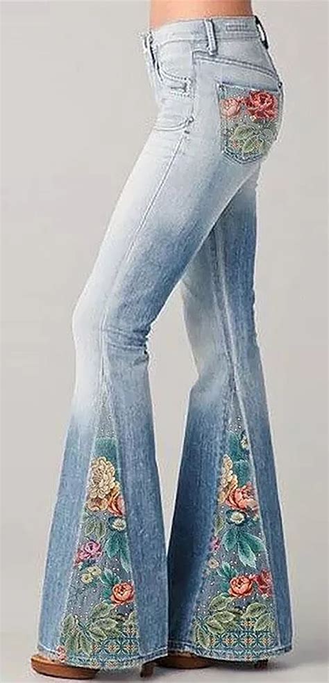 New Fashion Gradient Flower Printed Jeans Flared Pants In 2021 Pants