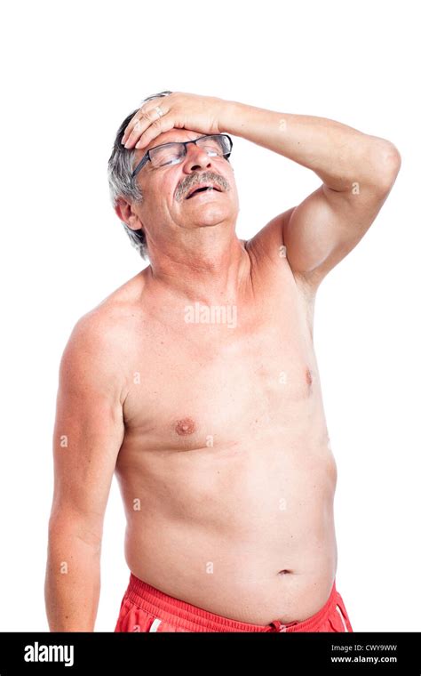Unhappy Shirtless Senior Man With Headache Isolated On White Background Stock Photo Alamy