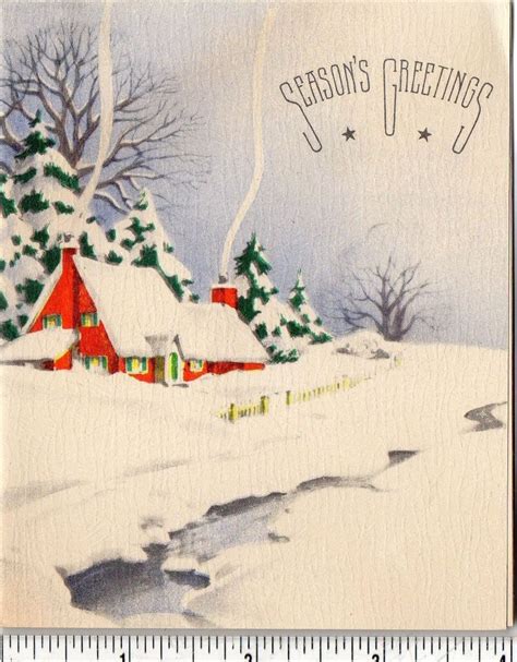 Vintage Christmas Card Cozy Red Country Cottagehouse Pretty Snow Scene