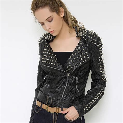 2018 Vintage Heavy Rock Rivets Pu Leather Women Punk Motorcycle Jackets