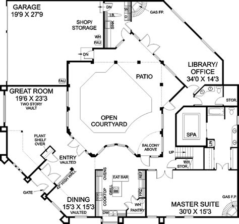 This unique northwest home plan has a covered central courtyard with an indoor pool with skylights to brighten the whole area.double doors behind the courtyard bring you into the spacious dining room and living room.a. Courtyard Entry Mediterranean House Plans With Courtyards Large Size Luxury One Story ...