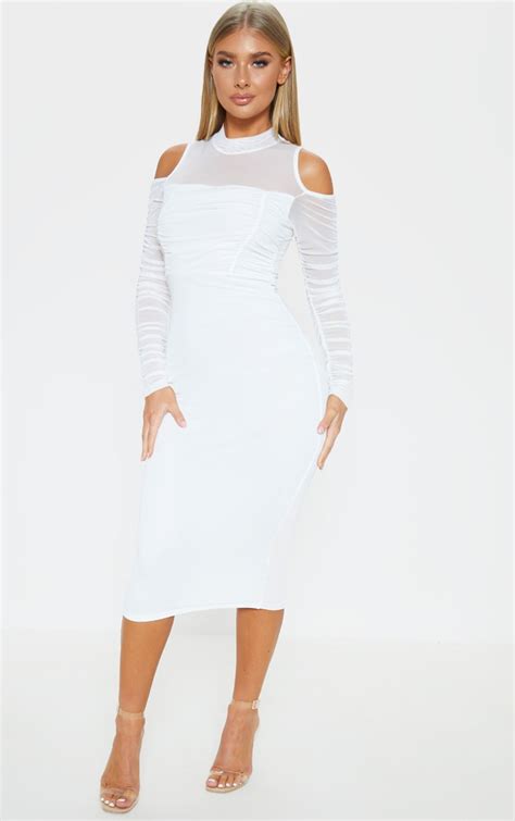 White Cold Shoulder Ruched Sleeve Midi Dress Prettylittlething Usa