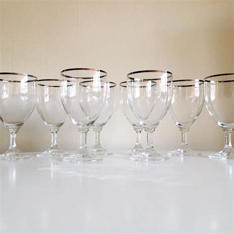 Vintage 8 Piece Set Of Thin Silver Rim Wine Glasses Etsy Vintage Wine Glass Wine Glasses