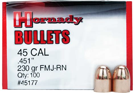 Hornady 45 Caliber Bullets 451 230 Grain Fmj Rn Enc Per 100 Md 45177