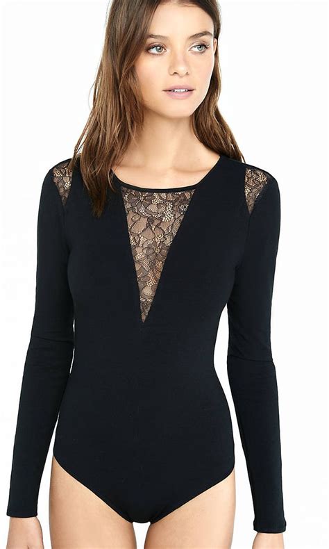 Black Long Sleeve Pieced Lace Bodysuit From Express Lace Bodysuit