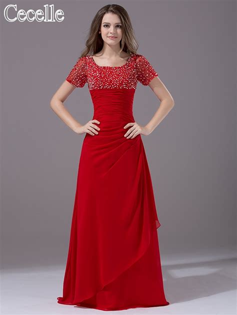 Aliexpress Com Buy Sparkle Red Modest Bridesmaid Dresses Short Sleeves Beaded Chiffon