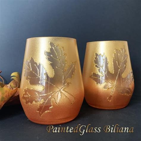 Autumn Stemless Set Of 2 Maple Leaf Toasting Wine Glasses In Etsy