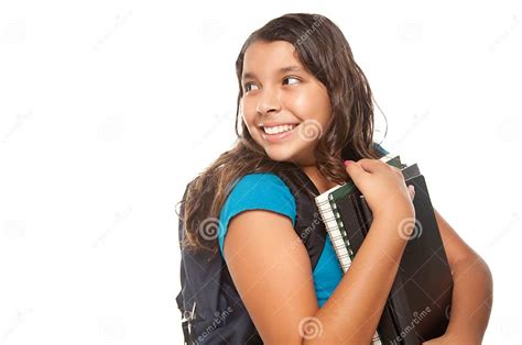 pretty hispanic girl with books and backpack stock image image of