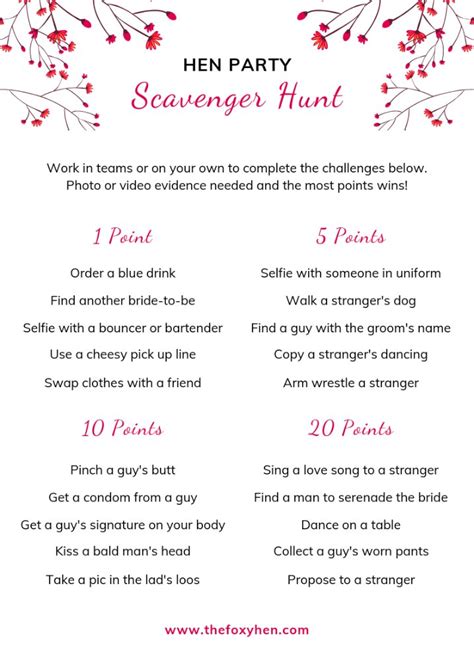 Free Hen Party Scavenger Hunt Game The Foxy Hen