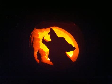 Pumpkin Carving Wolf In The Forest With The Moon And The Mountains
