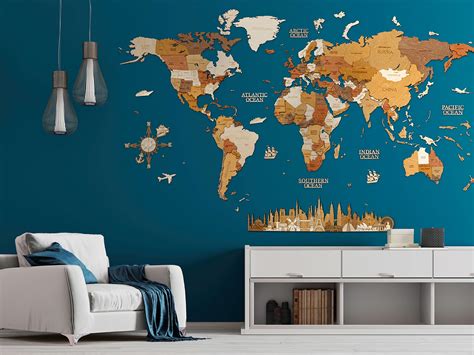 Black World Map Themed Wooden Wall Art Nature Wood Frame Wall Art