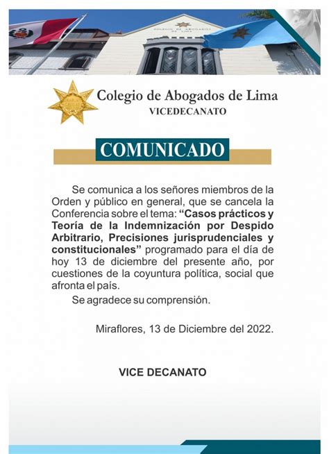 Comunicado Suspensión evento académico Colegio de Abogados de Lima