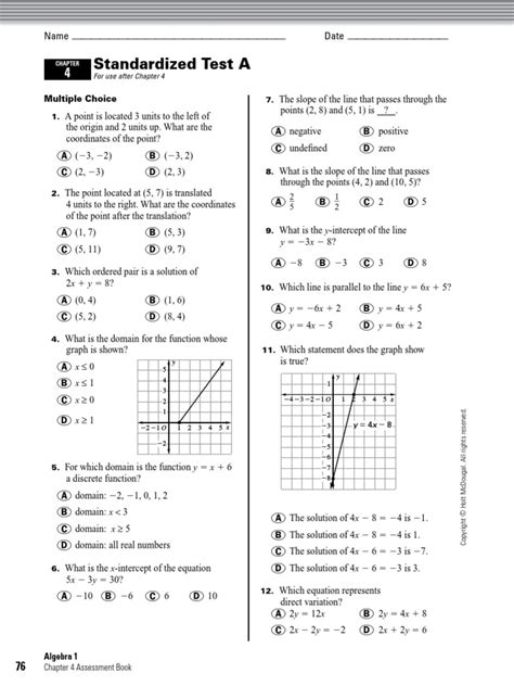 Holt Algebra 1chapter 04standardized Testpdf Function Mathematics