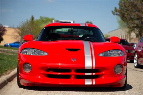 Front Of Red Dodge Viper With Silver Stripe