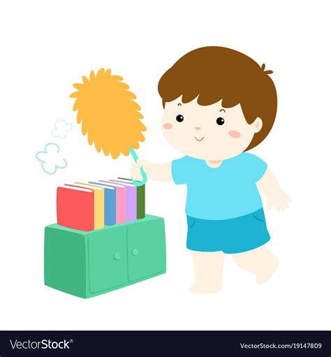 Cute Boy Wiping The Dust From Bookshelf Royalty Free Vector