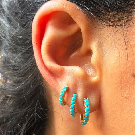 Turquoise 14K Solid Gold Thick Huggie Hinged Hoop Earrings Etsy