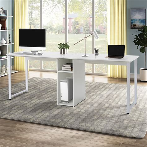 Tophomer Home Office Computer Desk Double Workstation Desk With 2 Open Storage Shelf White