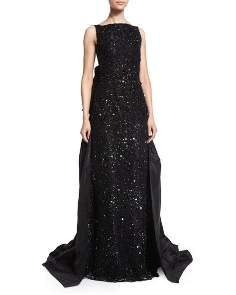 Oscar De La Renta Sleeveless Embellished Lace Gown Black Lace Ruffle