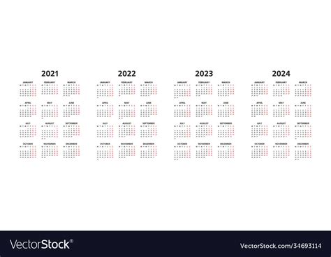 Calendar 2021 2022 2023 2024 Years Royalty Free Vector Image