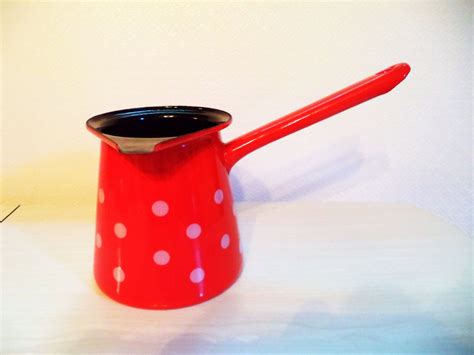 Vintage Turkish Coffee Pot Red Enamel Pink Polka Dots Black Interior