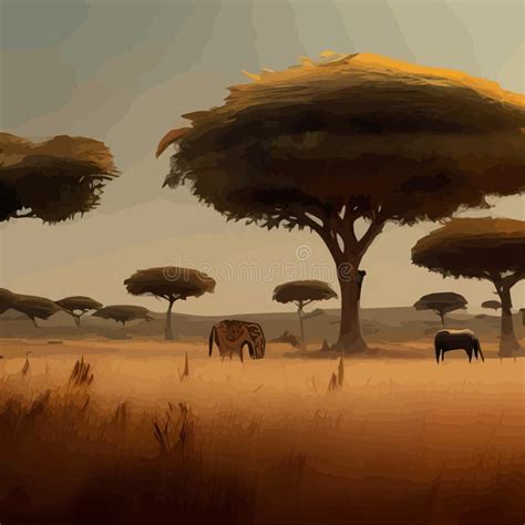 Savannah With Silhouettes Animals And Trees Acacia And Green Grass At