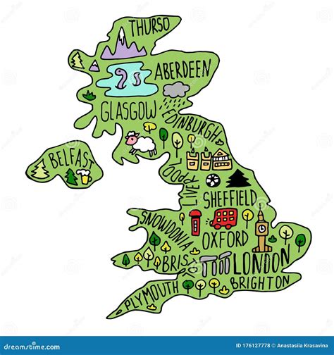 彩色手绘大不列颠地图 英格兰城市名字和卡通地标、旅游景点 向量例证 插画 包括有 背包 乱画 176127778