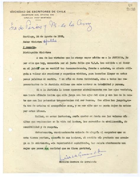 Carta 1955 Agosto 24 Santiago A Señor Ministro De Justicia