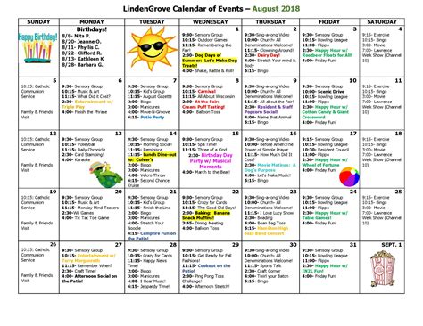 Mukwonago Grove August Activity Calendar 2018 Lindengrove Communities