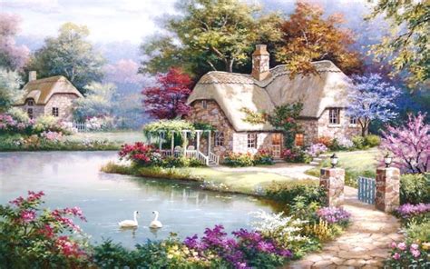 A garden pond is a water feature constructed in a garden or designed landscape, normally for aesthetic purposes, to provide wildlife habitat, or for swimming. Image result for cottage garden pond paintings | Scenery ...