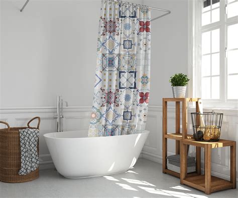 Modern country bathrooms modern farmhouse style french apartment parisian apartment fancy shower curtains shower curtain rods bathroom shower curtains shiplap bathroom concrete it's a modern english farmhouse that perfectly balances crisp clean lines and soft traditional textures. Bohemian Farmhouse Shower Curtains Mosaic Abstract Tiles ...