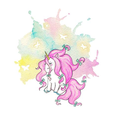 Adorable Little Unicorn Pink Mane Cute Watercolor Painting Stock