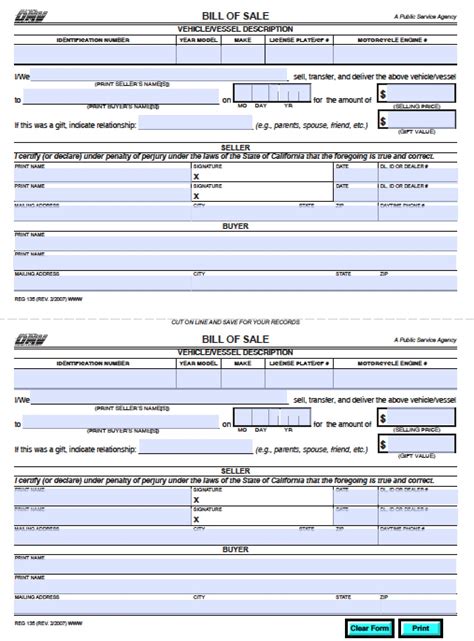 Free California Dmv Bill Of Sale Reg 135 Vehicle Boat Form Pdf