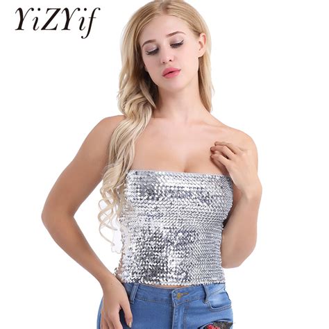 yizyif womens sequins tube tops sparkling strapless top stretch tank crop top fashion party