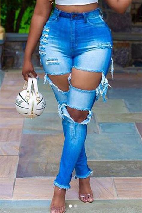 Wholesale Blue Sexy Solid Ripped Mid Waist Skinny Denim Jeans K30543 1 Online